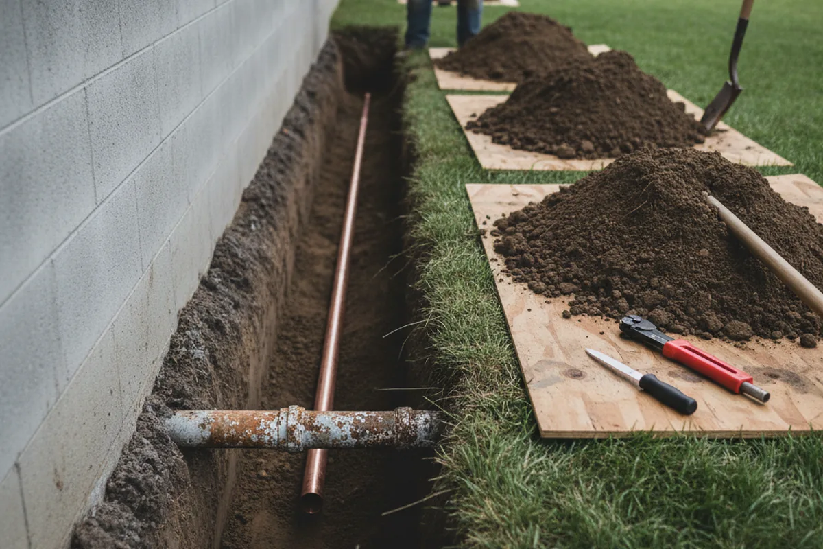 Excavated water line trench during Water Heater Repair in Norman
